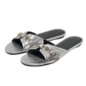 NWT Balenciaga Cagole Embellished Metallic Silver Leather Flats 6.5 US MSRP $890